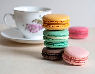 Obraz premium Colorful Macarons Stacked near Teacup on Table