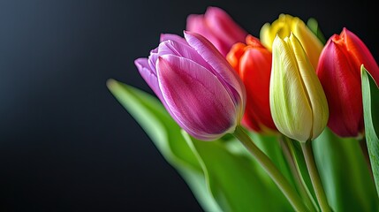 Fototapeta premium Simple composition of colorful tulip petals, stems, and leaves in soft lighting. 