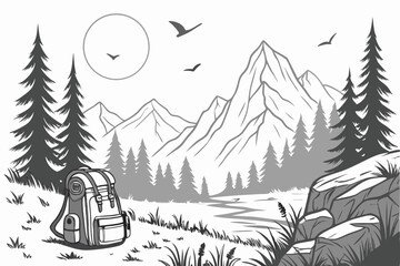 31 Black and white illustration, majestic mountain landscape, pine forest, full moon, flying birds, hiking backpack, camping scene, detailed pencil drawing, realistic shading, wilderness adventure, ro