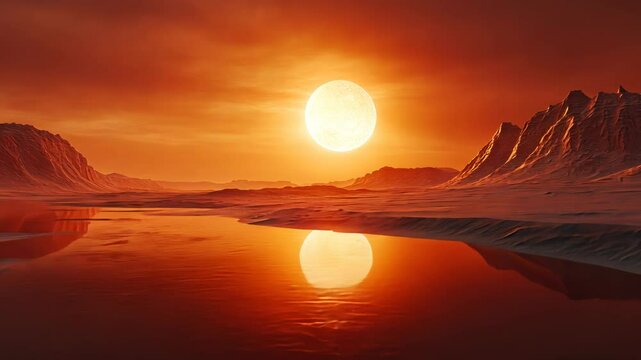 Fiery sunset over a frozen lake on a desolate alien planet