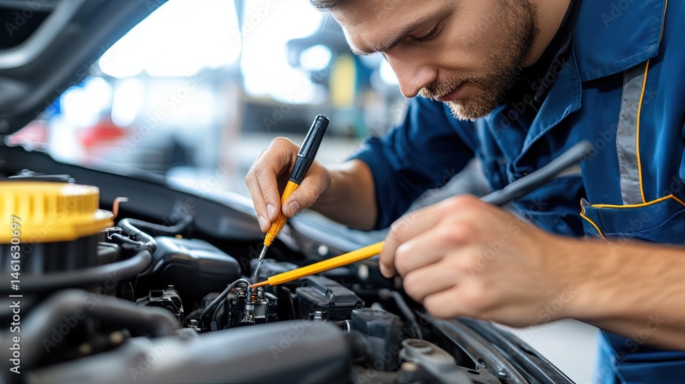 Poster technician checking engine performance in a test facility.