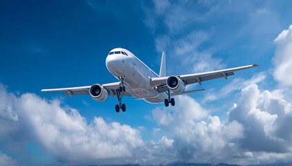 Airplane Landing Approach Through Fluffy White Clouds and Blue Sky
