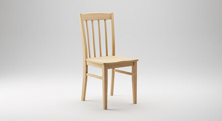 A light wooden chair with vertical slats in the back against a plain white studio background scene