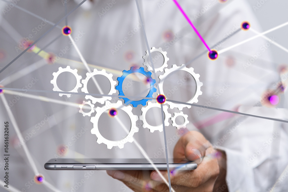 Poster gear system data. Connecting lines and dots.Big data visualization  - 3d