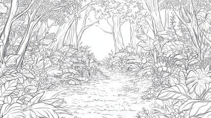 Naklejka premium A serene forest pathway surrounded by lush foliage.