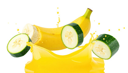bottle of fresh fruit juice with splash effect on white background