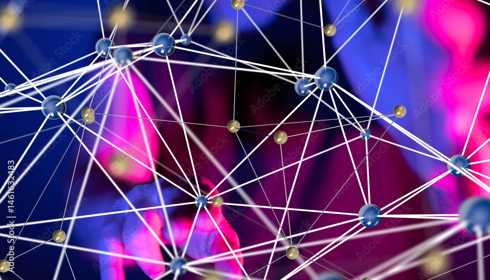 Poster Global network. Blockchain. 3D illustration. Neural networks and artificial intelligence. Abstract
