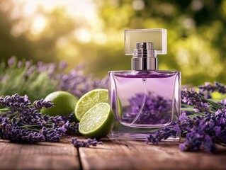 A  purple perfume bottle sits amongst fresh lavender and limes on a rustic wooden surface, bathed in sunlight