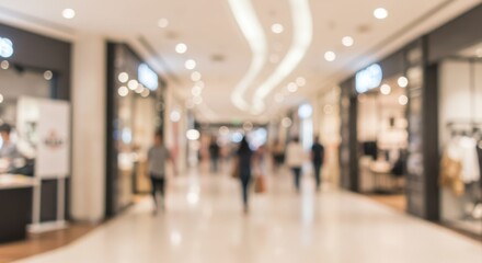 Blurred shoppers stroll along the malls bright walkway
