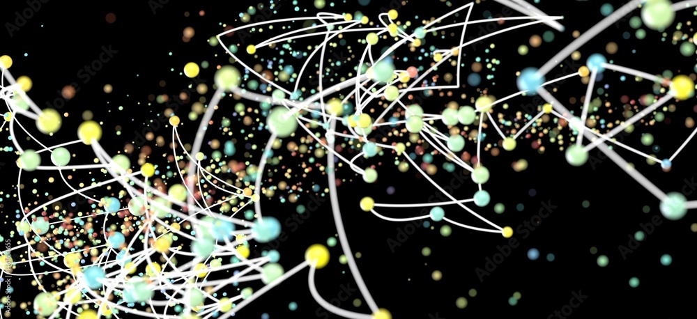 Poster Stock photo of abstract network connections. Colorful nodes and lines on black background. Ideal for technology, connection, and networking concepts.