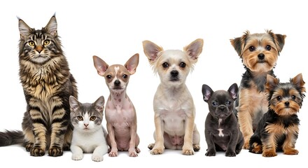 Obraz premium Diverse group of adorable pets: Maine Coon, kitten, Chihuahuas,