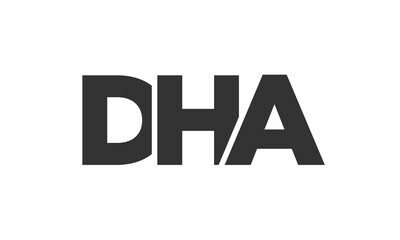 DHA logo design template with strong and modern bold text. Initial based vector logotype featuring simple and minimal typography. Trendy company identity.