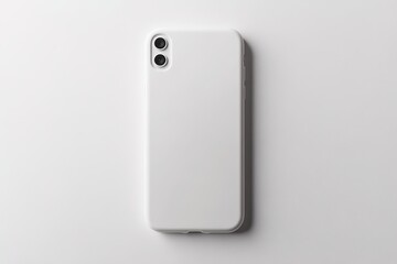 A blank, white smartphone case, lies flat against a plain white background.  Dual camera lenses are visible