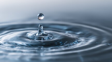 A single water droplet impacting a still surface, creating concentric ripples.  Close-up view showcasing the water's texture and the intricate details of the splash