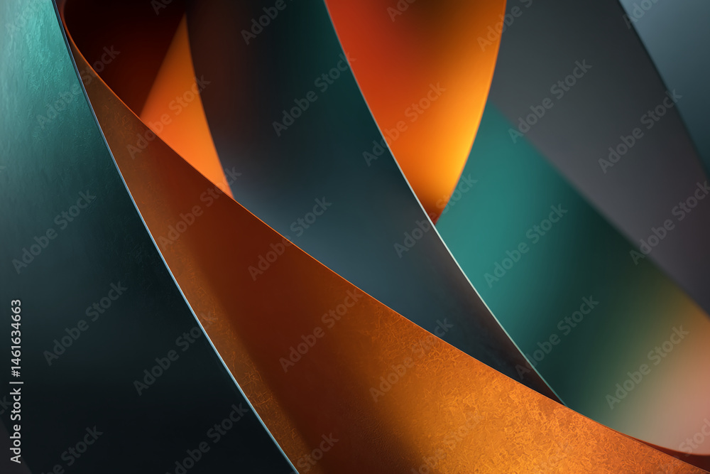 Poster Abstract image of teal, orange, and gray textured curved shapes overlapping, creating a dynamic and modern design, showcasing a sense of movement and depth