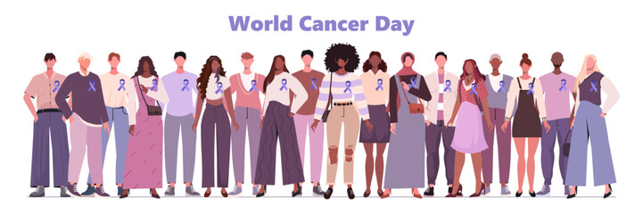Fototapeta premium World Cancer Day. Young group of people with a purple ribbons. Health awareness vector template for banner, card, poster, flyer, brochure, presentation, social media, background. Not AI generated