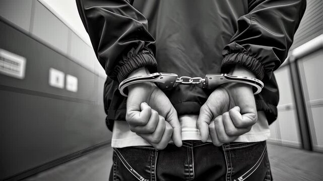 Man handcuffed from behind, closeup on the shiny metal restraints. Back view of detained suspect. Justice and law enforcement concept for criminal case, guilty verdict.