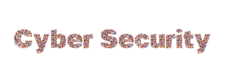 Large group of people forming word Cyber Security. Сoncept of protecting information in the digital space. Сybersecurity, data protection or technological innovations. Vector Not AI generated