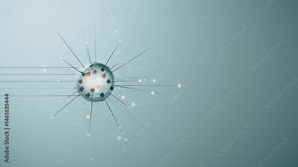 Poster abstract sphere: a silver sphere is set against a blue background, its surface radiating with an arr