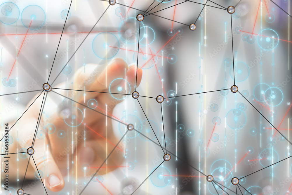 Poster Neural network 3D illustration. Big data and cybersecurity
