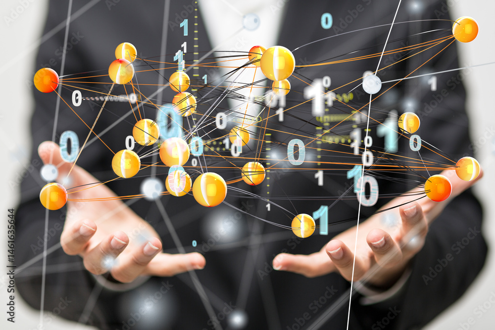 Poster Global network. Blockchain. 3D illustration. Neural networks and artificial intelligence. Abstract  3d