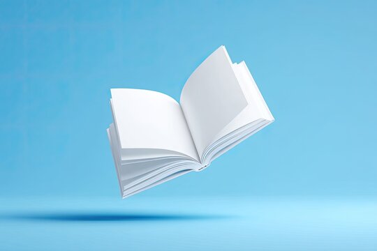 Open book, floating in the air, against a light blue background.  Blank pages (1)