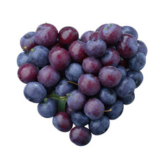 A heart-shaped arrangement of fresh, vibrant blueberries and red grapes, showcasing their natural colors and textures. Perfect for healthy eating or dessert themes.