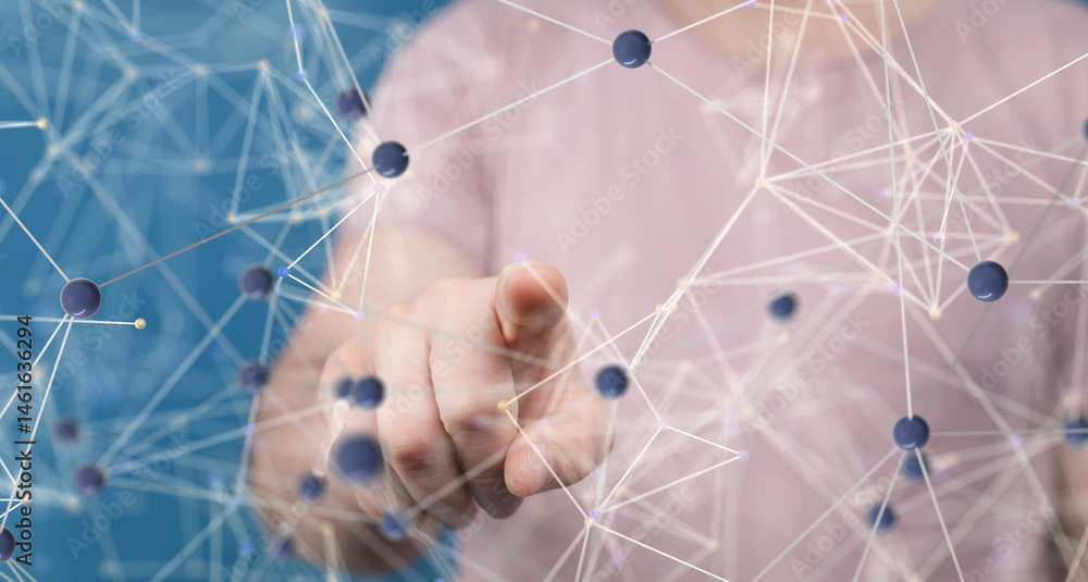 Poster Global network. Blockchain. 3D illustration. Neural networks and artificial intelligence. Abstract