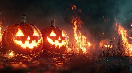 Naklejka premium Halloween pumpkins illuminated by fire in the dark.