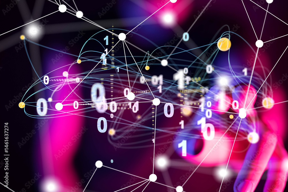 Poster Global network. Blockchain. 3D illustration. Neural networks and artificial intelligence. Abstract  3d - 3d