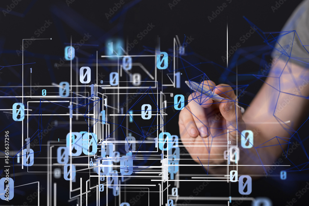 Poster Global network. Blockchain. 3D illustration. Neural networks and artificial intelligence. Abstract  - neural network exposure digital