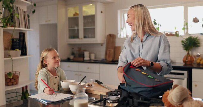 Mom, child and eating breakfast for school, nutrition or healthy cereal in kitchen at home. Happy mother, daughter or kid getting ready with smile or packing bag for fiber, lunch snack or vitamins