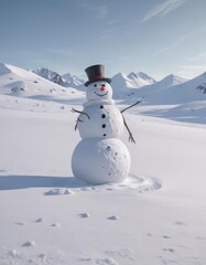 Obraz premium Lonely snowman in expansive snowy field, skis and snowboard nearby, ski, solitude