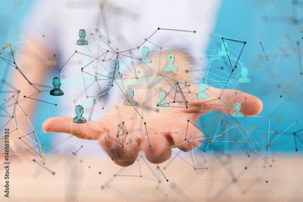 Poster Global network. Blockchain. 3D illustration. Neural networks and artificial intelligence. Abstract  - neural network exposure digital