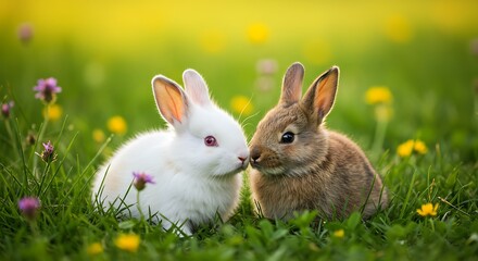 Obraz premium Two Adorable Bunnies Snuggling in Green Grass with Yellow Flower