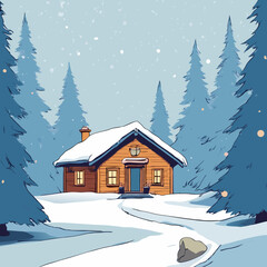 Naklejka premium Cozy Winter Cabins in Snowy Forest – Peaceful Holiday Retreats & Snowfall Scenes
