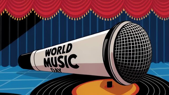 Concert poster art of microphone laying on vinyl records for World Music Day celebration with curtain backdrop. The importance of music and performance.