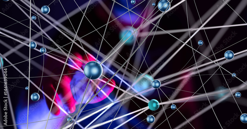 Poster Global network. Blockchain. 3D illustration. Neural networks and artificial intelligence. Abstract