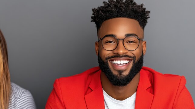 Confident man with beard and glasses smiling in red blazer against gray background showcasing style and personality