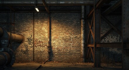 Industrial decay a brick wall tagged with graffiti in a dim forgotten factory