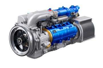 High-performance automotive engine with intricate components and a sleek design. Png, Transparent background.