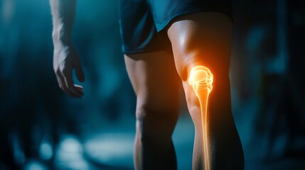 A close-up of an athlete"s leg with a highlighted glowing knee joint, symbolizing joint health or injury in a sports context.