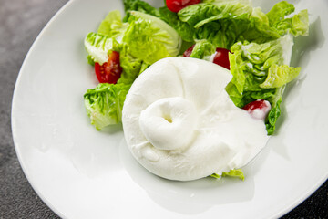 Burrata cheese salad buffalo milk cheese salad dish fresh delicious gourmet food background on the table rustic food top view copy space keto and paleo diet vegetarian