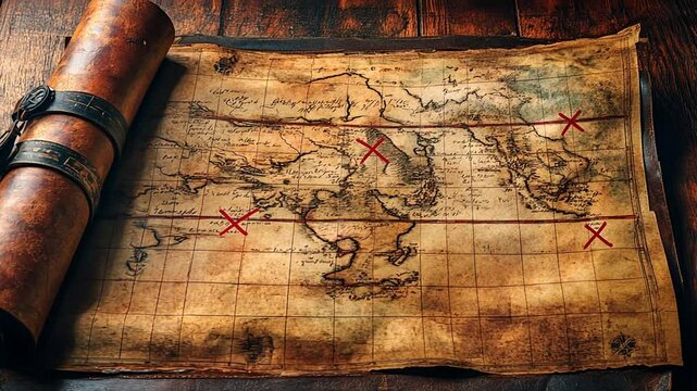 Ancient treasure map with marked locations on wood
