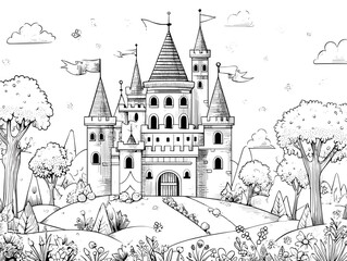 Obraz premium Black and white vector illustration of a fairytale castle with towers and nature, designed as a coloring page