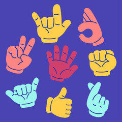 Colorful Fun Retro Cartoon Hand Gestures Set