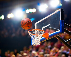A basketball is seen flying toward the hoop while illuminated by arena lights. A blurred crowd can be seen in the backdrop of an action photo taken during a game.