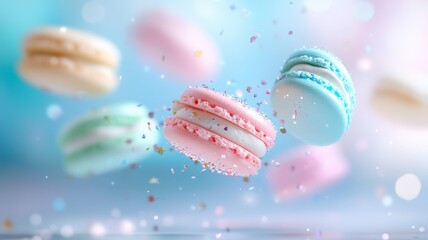 Colorful macarons floating in the air with a dreamy background.