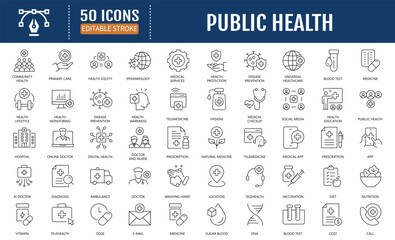 Public health line editable icon set. Containing
community health, disease prevention, health protection,
medical services, health awareness, hygiene and more. Vector Illustration 