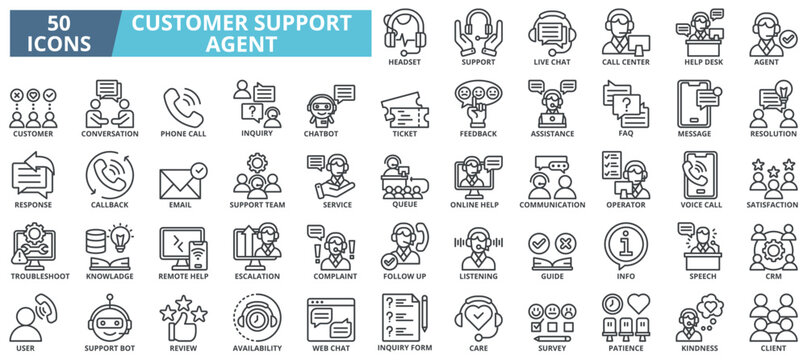Customer support agent icon collection set. Containing support,live chat,call center,help desk,agent,customer,conversation,phone call icon. Simple line vector
